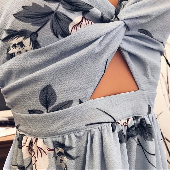 Floral Maxi Dress Slit Front Cutout Halter Blue - Picture 4 of 8